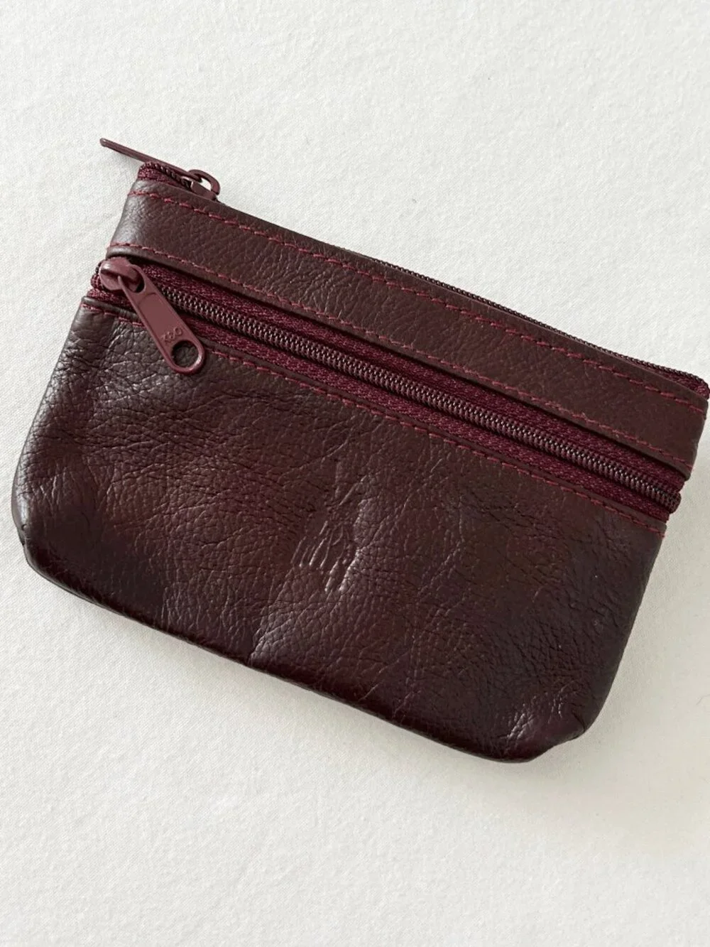 Vintage Burgundy Leather Coin Pouch Wallet Embossed Logo Zipper Close
